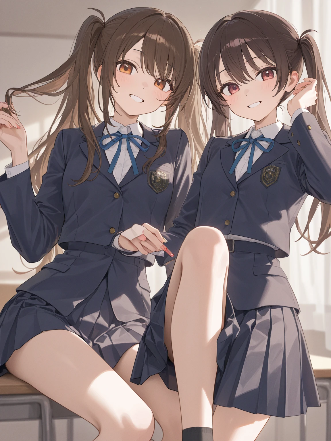 masterpiece, highest quality, Absurd, Perfect Anatomy, Beautiful background, Beautiful Face, Beautiful Eyes, Beautiful body, 2people々々 girl, Alongside, from the front、Portraiture、View Audience, ponytail、Twin tails、ribbon、Brown Hair,Nipples、smile、 High School Girl Blazer、Grey tight itting on the steps of the station、、Spread your legs、Lace panties、Low - Angle