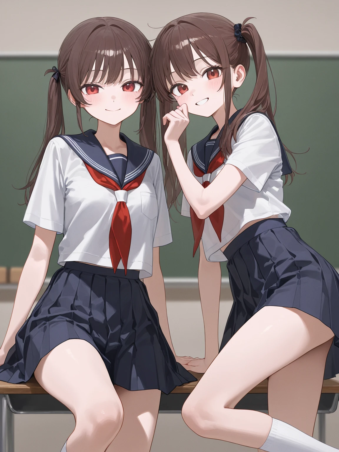NSFW, (8k、Best image quality、Highest quality、masterpiece)、Detailed face、Detailed Background, Improve,((1 beautiful woman, 35 years old)), (Light brown hair:1.3), Long Wavy Hair, Blunt Bang, big , (White sleeveless blouse), (Sailor collar), (Red ribbon), (Navy blue pleated mini skirt), ((red watch)),((Brown belt)), (White loose socks), loafers, (A tense look:1.5), (blush:1.4), sit in a classroom chair, Spread your legs, (Put your hands on your knees:1.5), from the front, whole body, (I can see your pants:1.3), Black panties