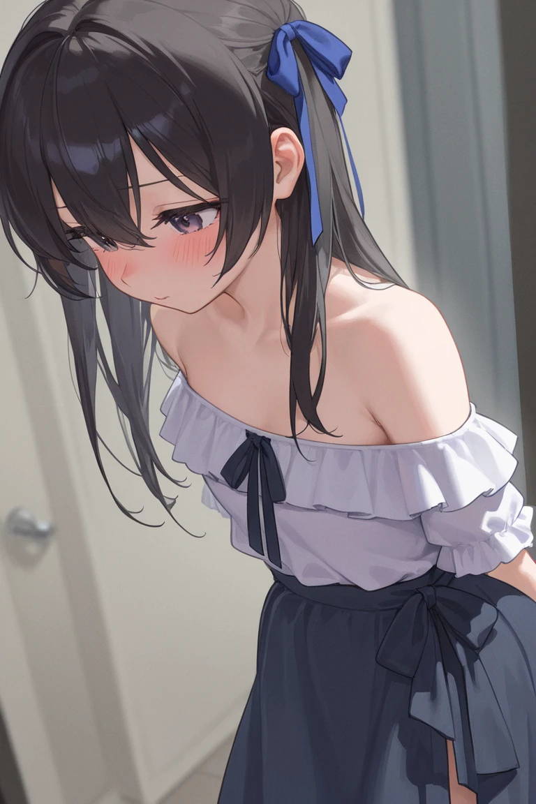 ((best quality)), ((masterpiece)), (detailed), (((perfect face))), ((slender teengirl with arms by side)), ((((topless)))), (((wearing dark blue pleated skirt))), ((medium breasts)), ((brunette)), ((blue eyes)), ((ponytail)), ((((topless)))), ((shy:1.3)), ((blushing:1.5)), ((skinny thighs)), ((skinny hips)), (((girl looking away))), ((bare stomach)), (((standing against upper class wooden wall)))