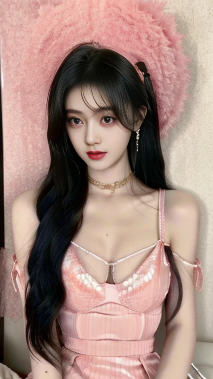 Kim Jennie with white brown hair, con rulos en las puntas, with two bows on each side of the hair, all her hair white brown, with a star clip in her white brown hair, ojos de color claro, ojos bonitos, ojos llorosos, nariz bonita y respingada, nariz lloroso, labios bonitos, labios rosas, heart and cupid shaped lip, piel bonita, pale, piel blanca, con lunares y pecas en todo el rostro, rubor rosa suave en las mejilla, rubor rosa natural, maquillaje suave y rosa, jennie, cuello bonito, cuello marcado, frown, mirada tierna, con un collar de beso, un collar bonito de beso, parecido a Yumeko Jabami, mientras lleva puesto un Crochet YK2, de lana, with a YK2 style brown mini skirt, mientras lleva una casaca con estampados de ositos, mientras tiene el abdomen desnudo, delgado, marcado y bonito, (pechos grandes, pechos suaves, pechos bonitos), mientras esta haciendo cospaly del personaje Yumeko Jabami, del anime Kakegurui, mirando a la camara