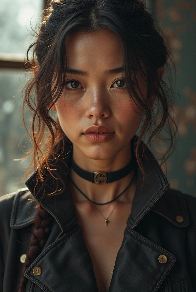 ((best quality)), ((masterpiece)), (detailed), mesmerizing and alluring female mechanic covered in grease,Confident smile,Look into the camera,(Dirty and rugged charm:1.2), (tough and confident demeanor:1.1), (mechanical expertise:1.3), disheveled hair, smudged face with a playful smirk, stained overalls clinging to her curves, (gritty tools of the trade:1.2), cluttered repair shop, scattered car parts, (authentic automotive ambiance:1.2), (intense gaze:1.1), gripping a wrench in her dirty hands, 8k resolution,looking at another, looking away,( tattoo:1.2), masterpiece, best quality,Photorealistic, ultra-high resolution, photographic light
