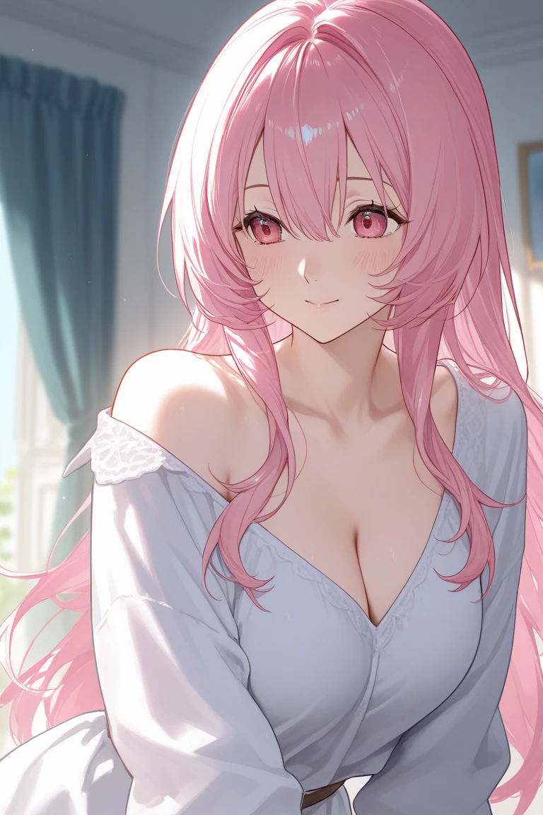 elysia, long pink hair, beautiful face,smiling,close up to hips, moderate breast, sitting on bed, wearing beautiful white sleepwear, (open mouth:0.4),illustration,detailed textures(realists),ultra-detailed,portrait style,vivid colors,soft lighting, blushing, mature