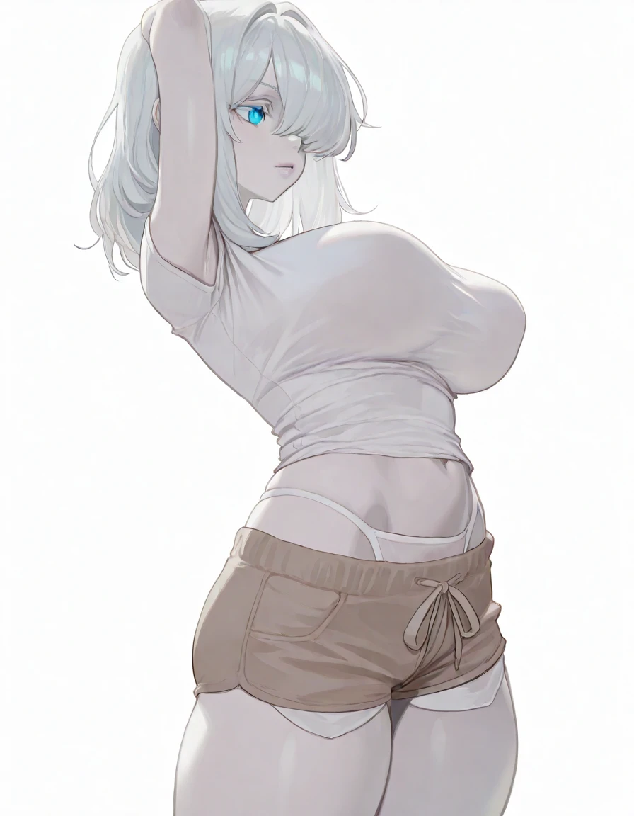 mixed_artwork style, 1 girl, standing alone, hands, beautiful woman, Asian, thick, short white blouse tied, short shorts, ptinta eyes, white hair ptinta locks, twin tails, realistic, textures, 8K, perfect hand, perfect anatomy, Profile, visible curves, Breasts