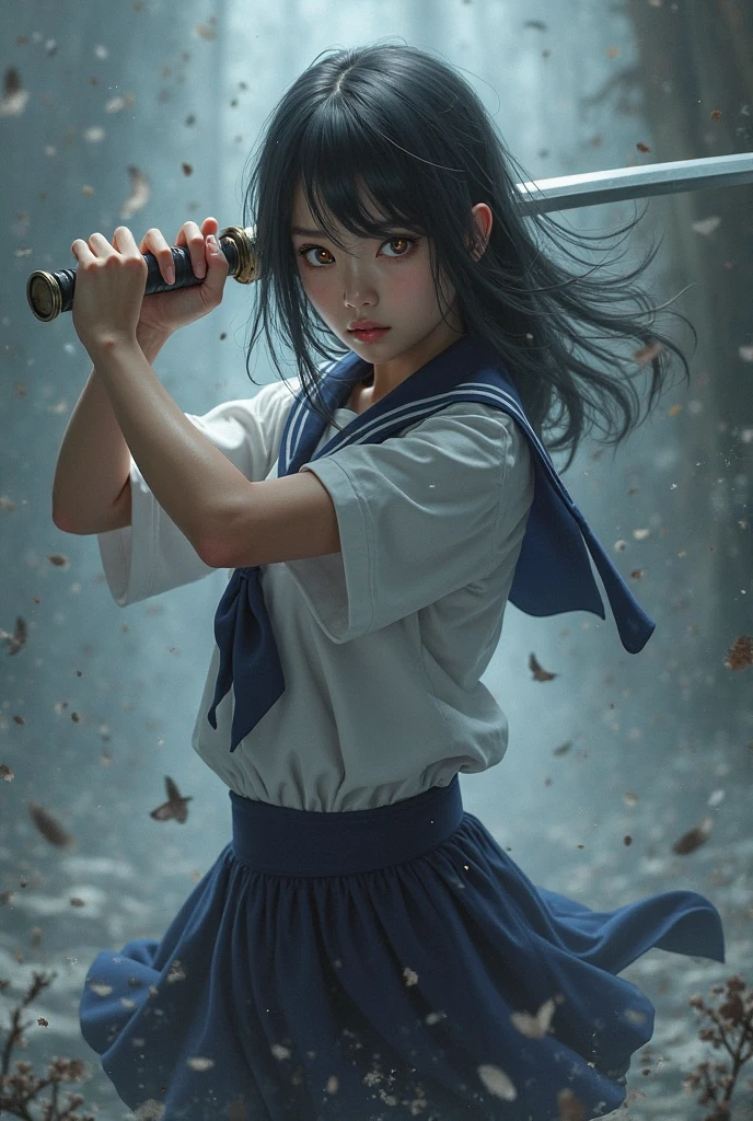 Holding a sword、Ultra-high resolution、((masterpiece)))、(((highest quality)))、((Super detailed))、((Very delicate and beautiful))、Low angle shooting、1 girl、solo、short hair、(whole body)、A tense shot、Visual Impact、Pleated skirt、Realistic Face、Realistic Skin、Cute face,Pure,Combat Stance、Visual Impact,Powerful movement,Sailor suit