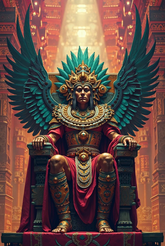 Ancient Mayans, God with wings And fire city scape with gold and skulls