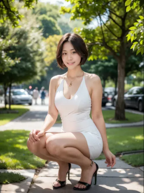 最high quality, In 8K, Masseter region, Vibrant, Sharp focus, high quality, High resolution, Detailed face, fine grain, Thick lips, (Looking at the audience), alone, Beautiful woman, 38 years old, Japanese women, （Very short black hair:1.4）、（Bob Hair:1.4）, Cleavage, Lunch break、Large city park、Green Grass、In front of a big fountain、（sitting on a park bench:1.3）、（Full body photo:1）、（White Formal Dress:1.5）、（Knee length dresses:1.5）、（Black pumps:1.5）、（Red lipstick:1）、（smile:1.3）、（Standard body type）、（D cup breasts）