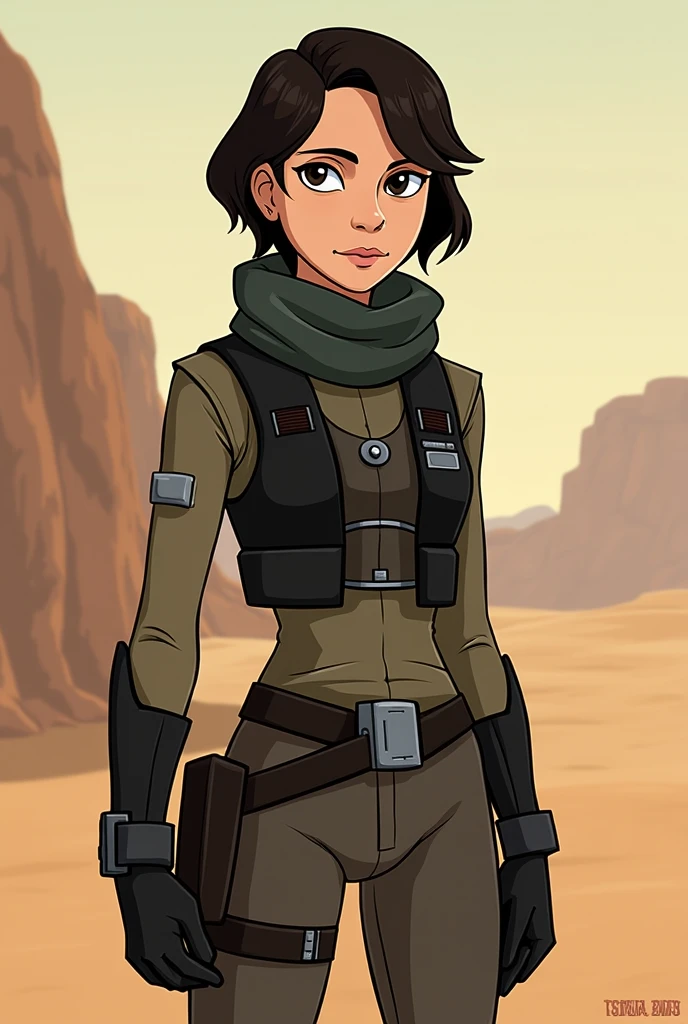 masterpiece, best quality Columbian tween girl, studio lighting, short bangs, inquisitors outfit, star wars, holding a lightsaber, view of the desert