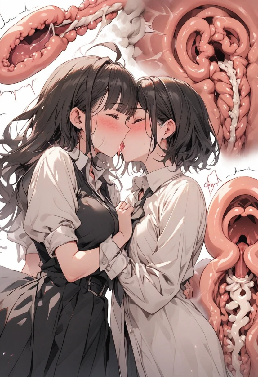 1 older woman with long wavy light pink hair,kissing 1 boy with short black hair,she is holding his head with both hands,(Tongue kiss), bloodstains,both with a white blouse and a black tie, White background, estilo chainsaw man