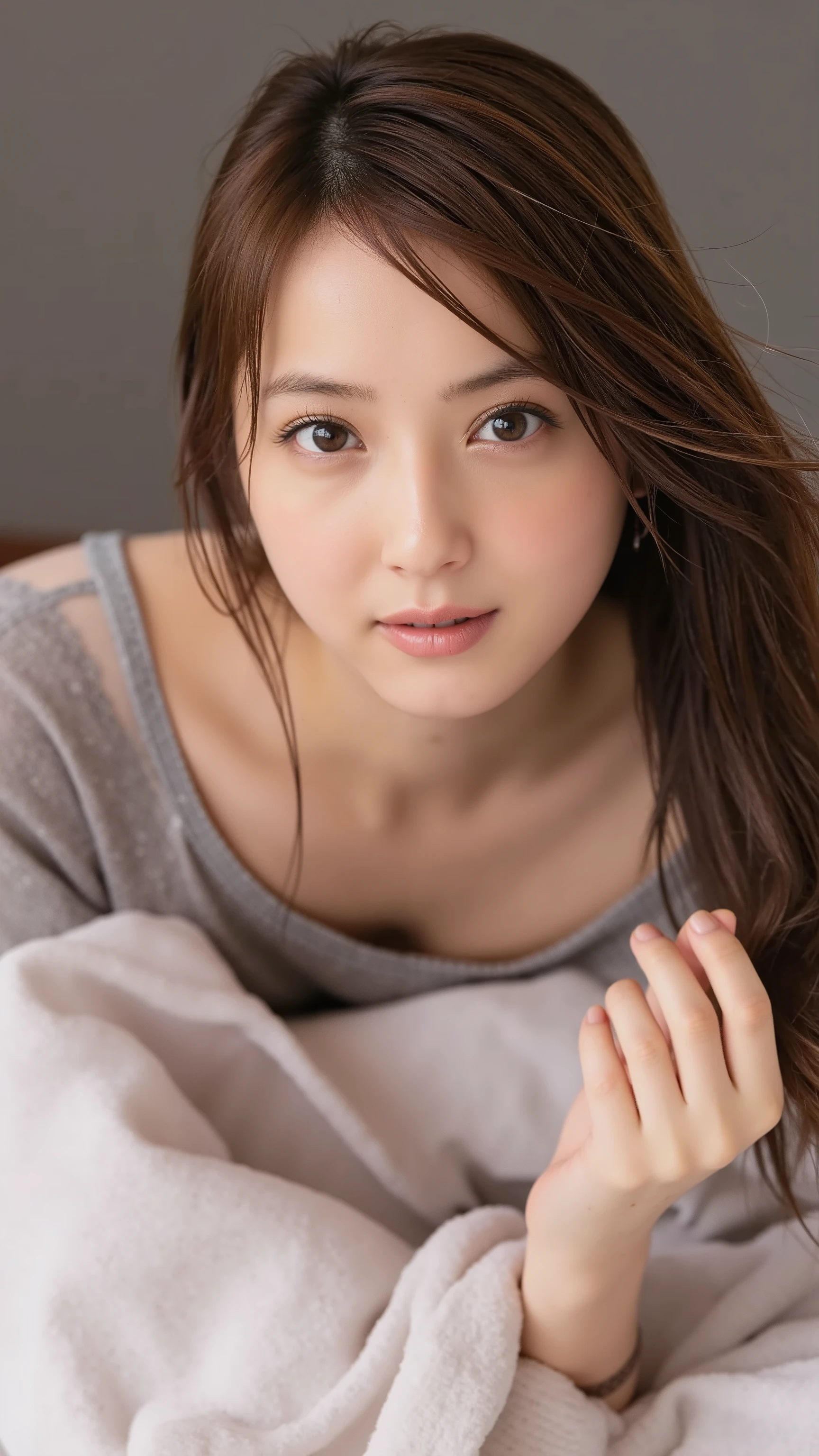 high resolution pictures of this young Japanese woman, Intricate Details, very detailed, sharp concentration, professional lighting, Alone, 1 GIRL AFTER SEX, Natural Makeup , pale skin, fine skin, (small head, Xiaoyan:1.2), huge breasts, detailed face, detail eyes, sophisticated nose, (Flat chest:1.4), slim thin body, thin waist, thin legs, of this young Japanese woman posing with a sexy expression in a gravure shoot,
(long t-shirt, flip flops, hidden nipples), (is lying in bed, On the back, shows Faraj brushing her hair with her fingers , head on pillow, sleeping position :1.4), (in a middle school classroom, staring at the camera),
indoor, luxury bedroom, luxury hotel,