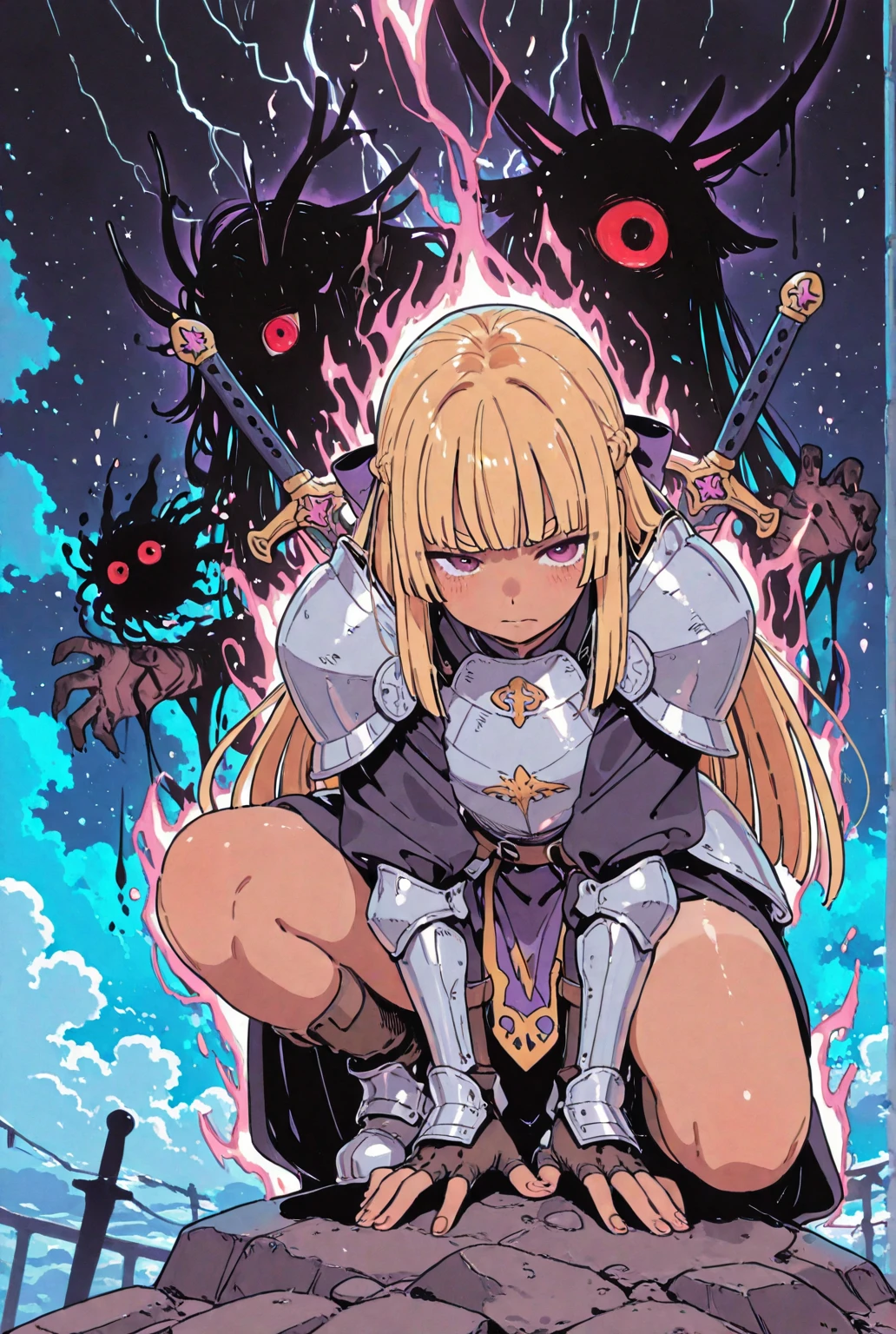 front、cute、Beautiful girl、tanned skin、thick eyebrows、1 girl repairing her left hand、Isekai Fantasy、Thunderstorm、there is an aura of darkness wafting through the body、Blonde、looking back suddenly towards a hidden enemy、Shojutsu Stance ,weapons、she has a sacred bow that gives off an aura、Archangel's Armor、Carrying a sacred bow 、The location is above the clouds 、and、an intense aura of light emanates from the girl's body、My occupation is a Holy Knight、 paladin、hime cut,A man licks a girl's eyeball、Summoned Beasts、an aura of darkness emanates in the background、she shoots a bow