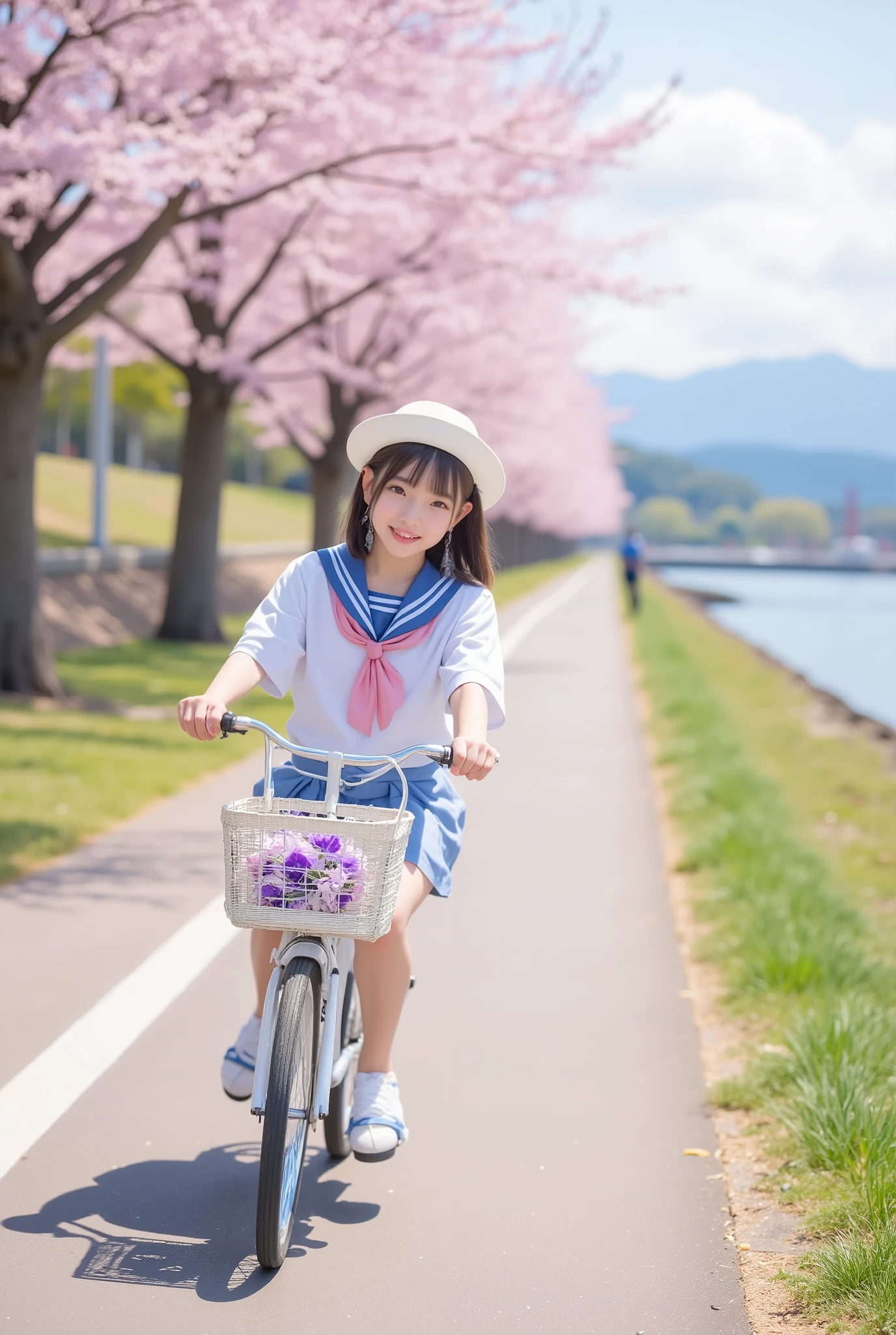 (short,elementary school,short,baby face:1.3),cute,Japanese girl,Super Real,high resolution,top quality,8k,Exquisite Details,depth of field,,A girl with a short cut riding a bicycle along a riverside path lined with cherry trees, her sailor suit swaying in the wind, a pink ribbon fluttering in her white straw hat, a bouquet of violets in her basket, "Whee! and laughing when the petals stuck to their cheeks. and laughing, and in the background, a sparkling river and distant mountains, a pale pink and blue sky, a soft glow, the “squeak” of the wheels, the “zing” of the river, and her laughter, a scene captured in a dynamic tracking shot.