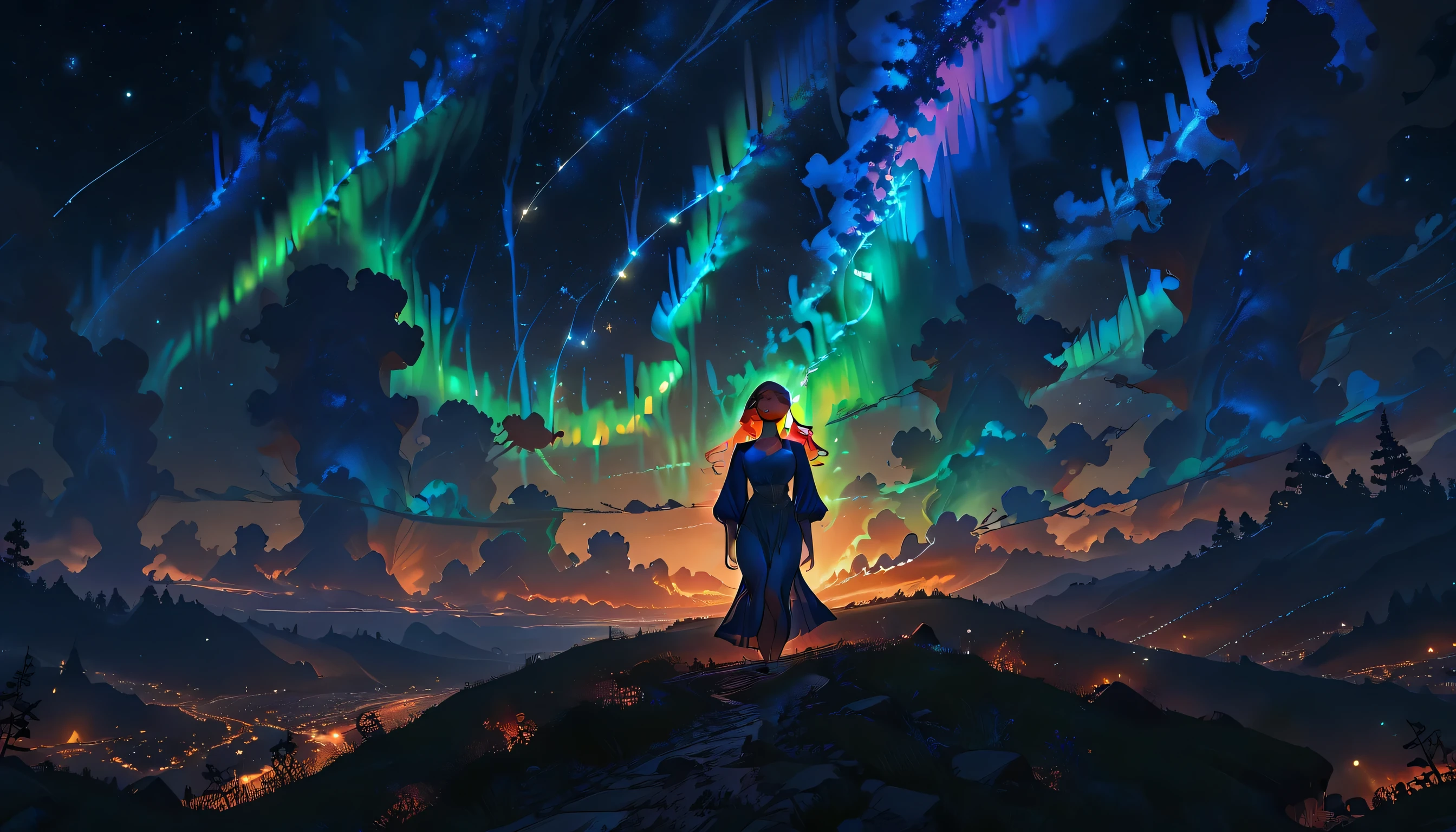 aesthetic, anime, wallpaper, 1girl, high-angle view, night sky, starry night, calming, intricate facial details, elegant hairstyle, serene expression, graceful posture, delicate hands, dramatic lighting, ethereal atmosphere, fantasy landscape, glowing celestial bodies, wispy clouds, shimmering aurora, digital painting, 8K, high resolution, masterpiece, photorealistic, vivid colors, dramatic colors, cinematic lighting
