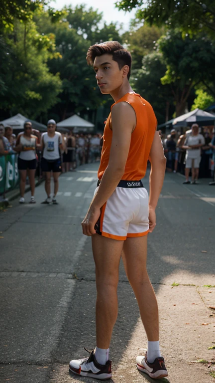 player Messi is in the middle of the street, and he is very fat, he is shirtless and there are many people on the street laughing at him, the day is sunny