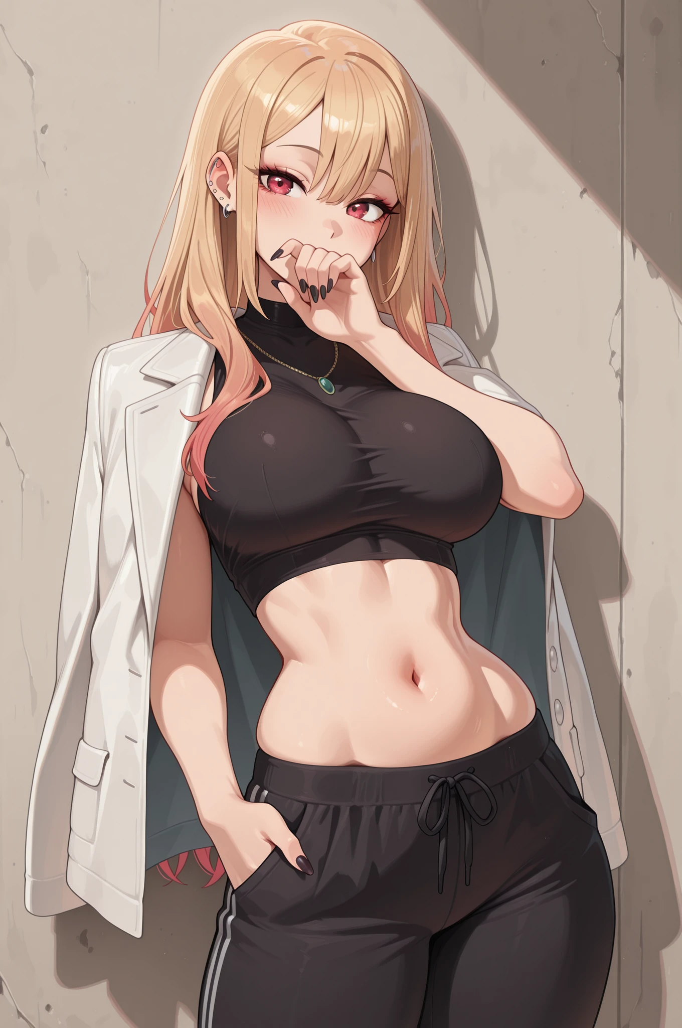 masterpiece,best quality,amazing quality, 1girl, jacket on shoulders, blonde hair, navel, long hair, large breasts, black pants, kitagawa marin, looking at viewer, midriff, black shirt, hand in pocket, multicolored hair, crop top, gradient hair, red eyes, standing, covering own mouth, nail polish, white jacket, black nails, colored tips, stomach, taut shirt, pink hair, covered mouth, hair between eyes, open jacket, open clothes, sleeveless shirt, taut clothes, leaning back, red hair, against wall, ear piercing, jewelry, hand up, cropped shirt