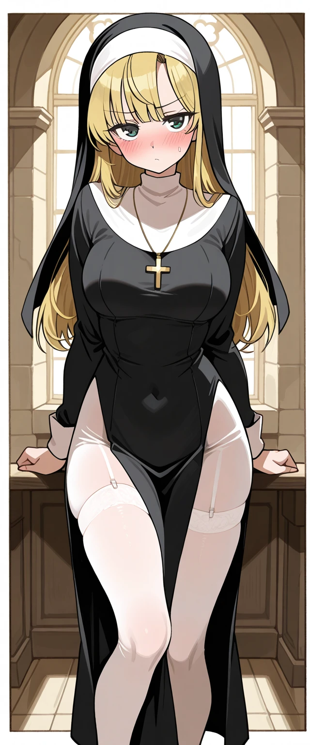 Sexy blonde pale with long hair girl. . (perfect quality ).. (oily skin) . . Thick collar. Nun girl. . Handcuffed. .. . . high heels. vibrators . cumming. Ballgag . Drool .