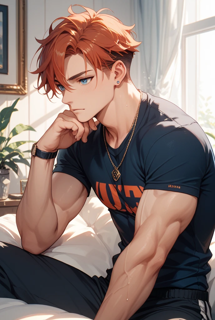 highest  quality, 8K, image high resolution, Jujutsu Kaisen estilo anime , Arataki Itto, Detailed strokes, nblurry background, (a magazine cover style),  purple light reflecting on him , (close up angle), 1 men, Youngh, male, role model, bandage in the mouth, sitting on a sofa, multicolored background with various geometric shapes , em volta stickers, brawny, Red hair, wearing a cold jacket  , pants marking the crotch, striking eyes , with the shirt, puffy breast