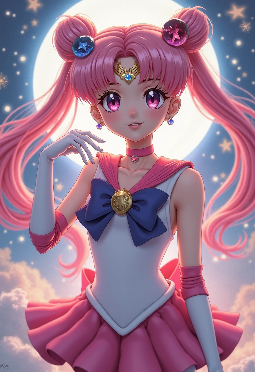 (ultra realistic,32k, masterpiece:1.2),(high detailed skin:1.1),( high quality:1.1),
<lora:ChibiChibi:0.6>pikkychibichibi,(disdain:1.1), 1girl, jewelry, solo, heart, blue eyes, earrings, bow, brooch, heart brooch, hair bun, sailor collar, red hair, double bun, pink hair, skirt, sailor senshi uniform, magical girl, blue skirt, blank background, colorful background light blurry background,,(looking at viewer, standing from below:1.1),, huge breast,large breast,<lora:add_detail:0.97>,
(lighting:1.1)