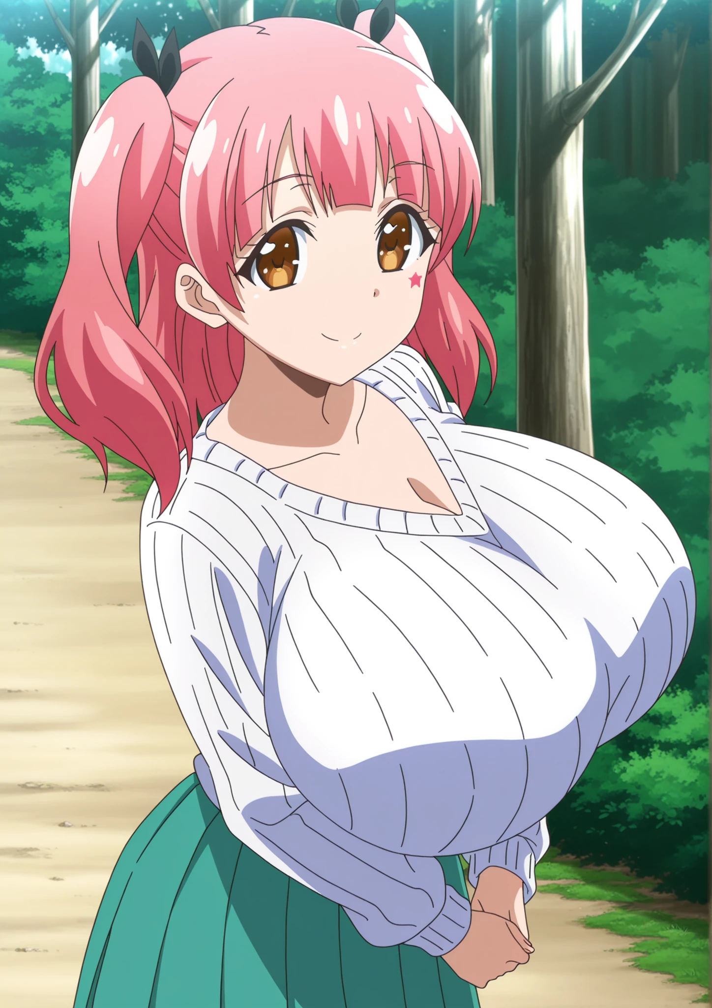 (very_aesthetic, best_quality, high_resolution, ultra_detailed, anime_screencap), 1 girl, solo, Nene Fujinoki (Hajimete no Gal), nene's pink hair look, pink hair, two side up, hair ribbon, black ribbon, star facial mark, perfect hair, brown eyes, detailed eyes, loving smile, white beautiful skin, gigantic breasts, collarbone, standing, own hands together, looking at viewer, sideview, slim body, feet out of frame, long sleeves, scoop neck ribbed white sweater, pleated aqua skirt, long skirt, outdoors, day, forest, trail, sunlight
