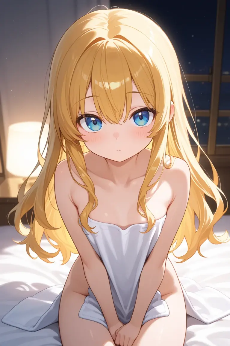 Blonde、Blue Eyes、Embarrassed look、Blushing、Cover your chest with your hands、naked、Bed in the background