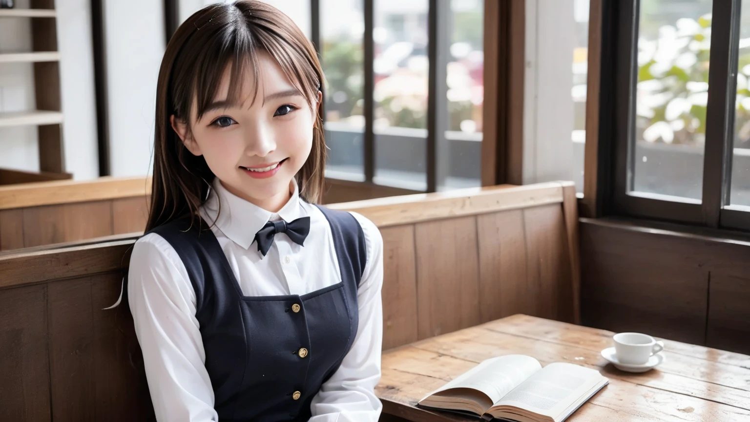 (highest quality, masterpiece:1.2), highest quality, Realistic, photograph, High resolution, 1080p, 8K, Physical Rendering, ((Height: 155cm)), ((((((A 14 year old beautiful Japanese fashion model is looking directly at the viewer)))))), (((big very detailed Japanese beautiful dark brown eyes))), ((((loving and laughing at me!)))), detailed fingers, (((curled blunt bangs))), ((((Very noble and cute eyes, carefully drawn with great attention to detail)))), ((double eyelids)), (((long eyelashes))), ((cute lovely lovely laughing laughing cheeks)), ((The pure white light hits my nose and cheeks. Her eyes and white facial skin shine beautifully white.)), (((Her facial features are very expressive noble smile, very sweet, very intelligent))), ((((ivory super-large long ribbon bow tie in plain)))), ((((black very beautiful and very long bobbed hair)))), ((((gray box-pleated school skirt and grey no-sleeve vest)))), ((((A ivory blouse is very feminine)))), ((Classical orchestra concert hall)), ((complexion lightening)), ((Full body shot)), ((chorus singer))