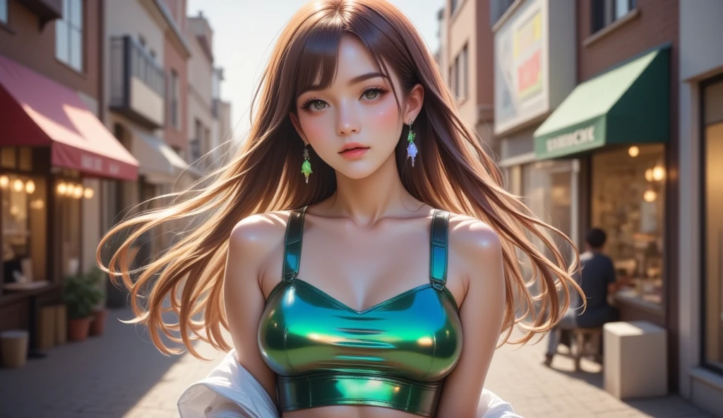 (Very beautiful young girl:1.2), (loli face:1.4), (large eyes:1.2), (clear-eyed), small straight nose, small mouth, (v-line jaw:1.1), Beautiful detailed eyes, Detailed double eyelids, Long straight brown hair, see-through bangs, beautiful detailed face, drooping eyes, (Fair skin: 1.3),(16 yo:1.2),(smiling),BREAK (Super Shiny metallic turquoise Tight mini Skirt :1.2),
(Super shiny white Brilliant and stylish latex summer tops:1.3) , (super large fishnet pantyhose:1.1) , Walking,
Costume lighting,(costume with strong reflective surfaces:1.3),
In the street ,
(Brown hair:1.3)