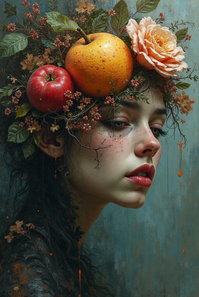 a human fruit clothed with mold and syrup, 3 d render, photo realistic, highly detailed. high quality, sharp focus, volumetric lighting, dramatic lighting, trending on artstation, octane render, ral-mold ral-melting, subsurface scattering, ultra hd, 4k, high def, Photorealistic, Hyperrealistic, Hyper detailed, analog style, realistic, masterpiece, best quality, ultra realistic, 8k, Intricate, High Detail, film photography, soft lighting, heavy shadow. juicy and ripe fruits. only the girl's head. juicy and ripe fruits. only the girl's head. gloss. The head is floating in the air