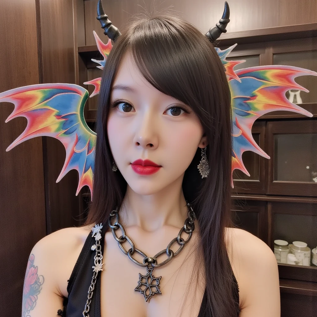a succubus, with horns, with wings, in clothes, with a sly look, mockery, Hands with five fingers, hands on the collarbones, tattoo, one girl, with beautiful eyes