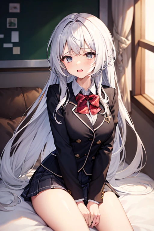 1elaina, purple eyes, black shirt, silver hair, red necktie, lying, on back, bed, arms up, military uniform, small breasts, pencil skirt, masterpiece, highres, best quality