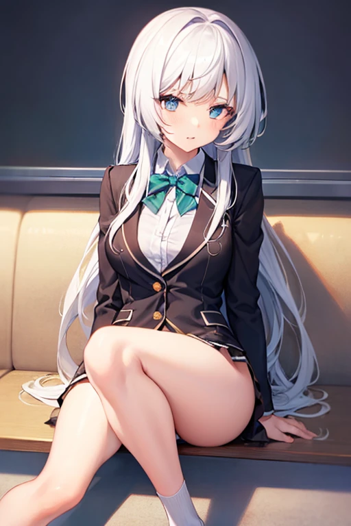 melhor qualidade, mesa, lindas mulheres maduras、rosto bonito、Mulher de mente forte、Dark blue office suit、White pants、cabelos castanhos、(Olhos castanhos)、Cabelo comprido、Olhos subdimensionados、Corpo inteiro como, black small skirt, white panties, perna cruzada, sorriso aparente, sem meia, sapato preto, top branco com renda preta