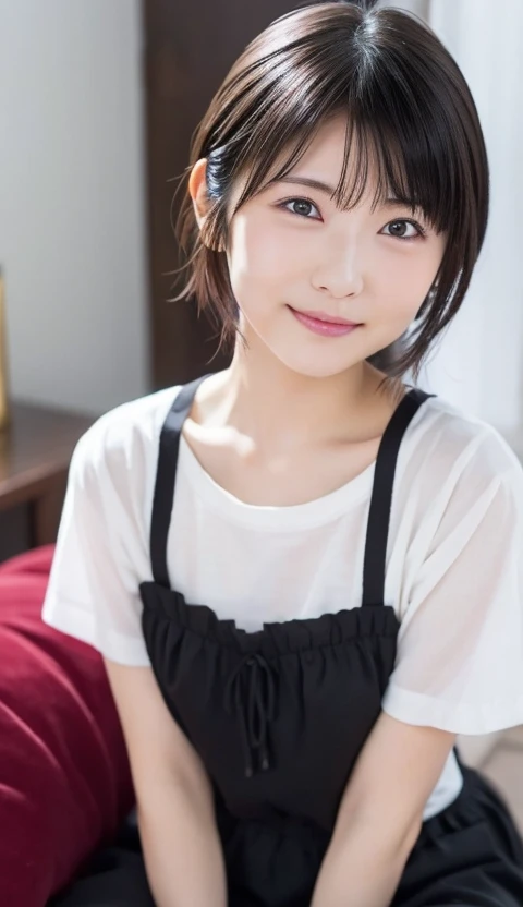 NFSW、masutepiece、​masterpiece、1 girl in、(close up of face、cowboy  shot)、Straight front view、japanes、very young cute woman、(The cutest girl in the world)、 student、Smaller face、large full breasts、Autumn knit jacket、Sheer inner、Chiffon skirt、Ultra-detailed costumes、Smiling in a café、Scrunchie、Thin necklace、Glamorous figure、hyper cute face、shiny lip、Double eyelids in both eyes、 natural make up、long eyeslashes、shiny smooth light brown hair、bangss、Short twin tail hair、asymmetrical bangs、image in center、8K分辨率、high détails、Detailed hairstyles、A detailed face、spectacular movie lighting、octane renderings、with a vibrant、Ultra-realistic、Perfect limbs、perfect anatomia