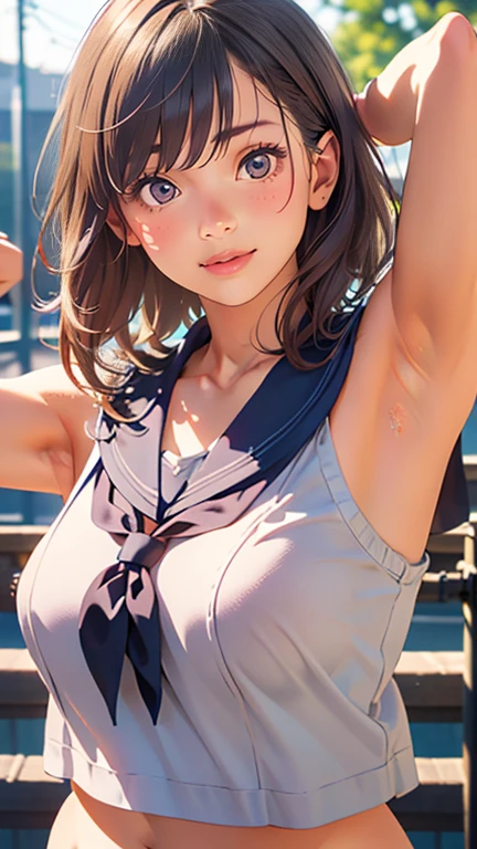 Close up of face, beautiful face, cute face, (((toppless))), (((sheer sailor shirt , Sleeveless ))), (((Show off cleavage))), (((Large breasts))), (((Open front))), Detailed beautiful eyes, (((Sunny))), extremely detailed CG unified 8k wallpaper, very fine 8KCG wallpaper, (masterpiece, Best Quality), High resolution, Ultra-detailed, ultra-sharp, 1 girl, Naked, perfecteyes eyes