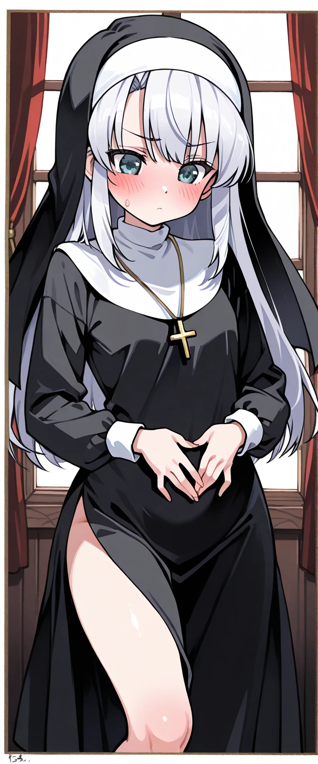 beatiful nun, scary scene,red blood background,pointing to viewer, 1female,solo,sitting on throne