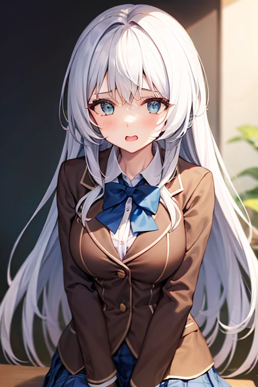 (schoolgirl)), ((anime)), 1girl, long hair, silver hair, hime cut, 2 sidelocks, stern expression, dark blue eyes, fair skin, big breasts, honor student