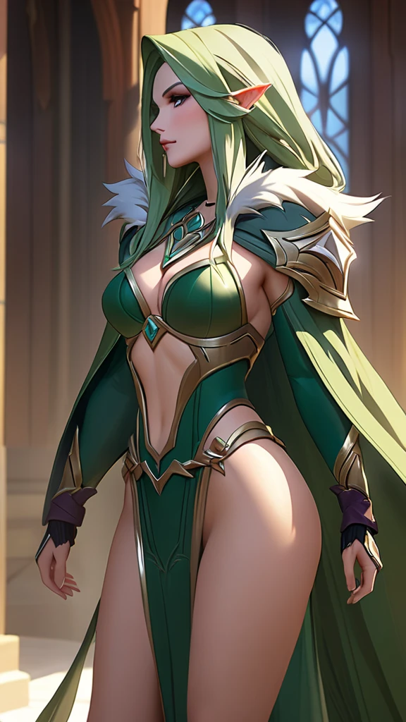 extremely long hair , ponytail, perfect anatomy 1 girl tall solo, slim thick, ((muscular)) high elf toned body, silver breast plate, blue cape, slendered abs, hourglass waist, detailed face, defined cheekbones, puffy lips, gauntlets, gold crown, shadow over eyes, looking at viewer, masterpiece, white thigh highs lingerie, high heels, clair pokemon