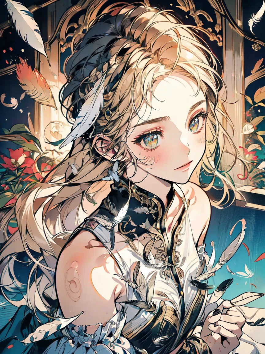 Top image quality、​masterpiece、Thick painting of oil painting、Leyendecker's style、Beautiful fair-skinned girl、Fantasia、the eyes are a little small、The iris is blue、Cute little face、a small face、Light makeup、blonde hair in braids、tiny chest、sitting on、Full body like、Black Gloves、gothic dress、long  skirt、Forest in the background、rivulets、borgar、The dragon、thirds rule、dynamic ungle