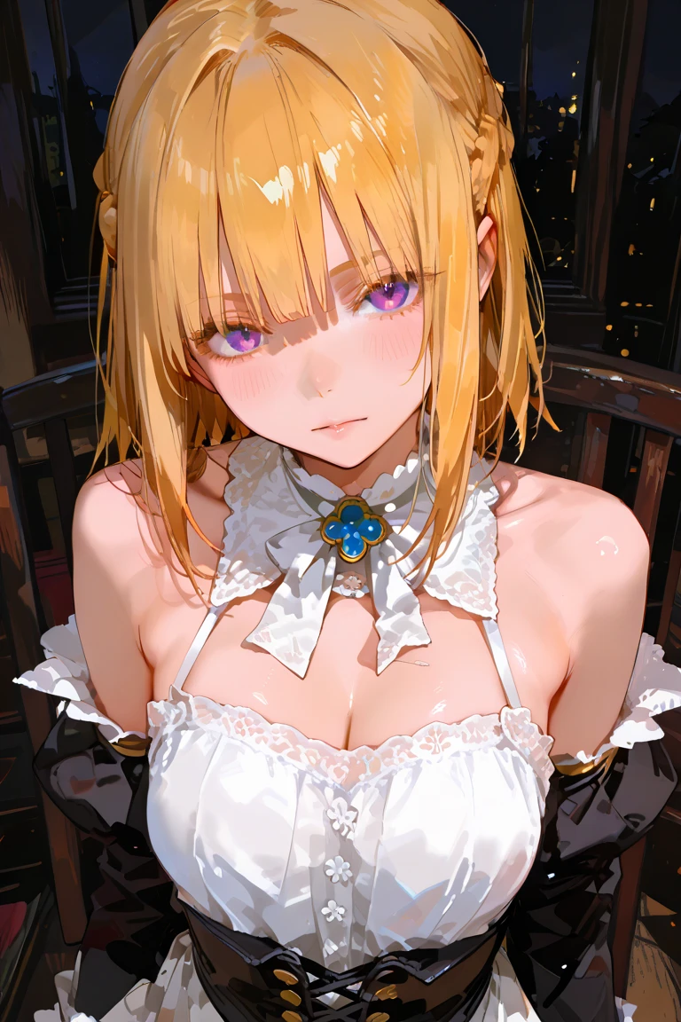 (Masterpiece:1.4), (best quality:1.2), <lora:Bloodstone_Fino-000017:1>, fino bloodstone, 1girl, strapless dress, hairband, white dress, hair ornament, bare shoulders, choker, elbow gloves