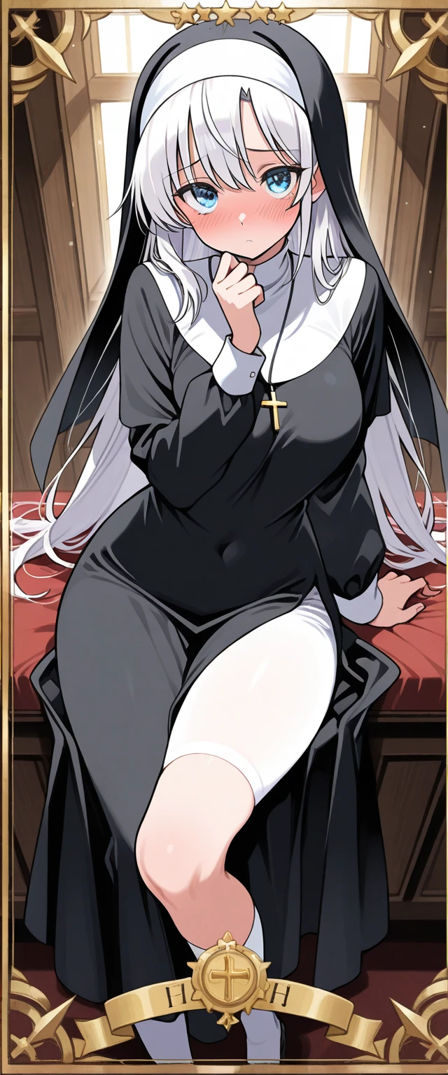 Best quality, masterpiece, high resolution, ultra-realistic 8k CG, beautiful girl, white hair, blue eyes, open mouth, puffy, plump body, nun bandana, (tunic, nun dress), fleshy thighs, (full body white pantyhose), high heels, full body, looking at the audience, symmetrical, charming, complex, sexy, elegant, hands interlocked, hair accessories, necklace, Tyndall effect, realistic, dark studio, edge lighting, two-tone lighting, (high detail skin: 1.2), 8k uhd, dslr, soft light, high quality, volumetric light, sneak peek, photo, high resolution, 4k, 8k, bokeh,
