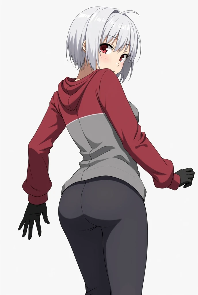 GameGirl , (short ponytail) white hair, 80's anime style, (red eyes), (pale skin), thighs, hips, small waist, biker shorts, rainy, near train tracks, bike rack, weak wilted plants, cracks in sidewalk, butterflies and daisies, sunlight shining on character, ass