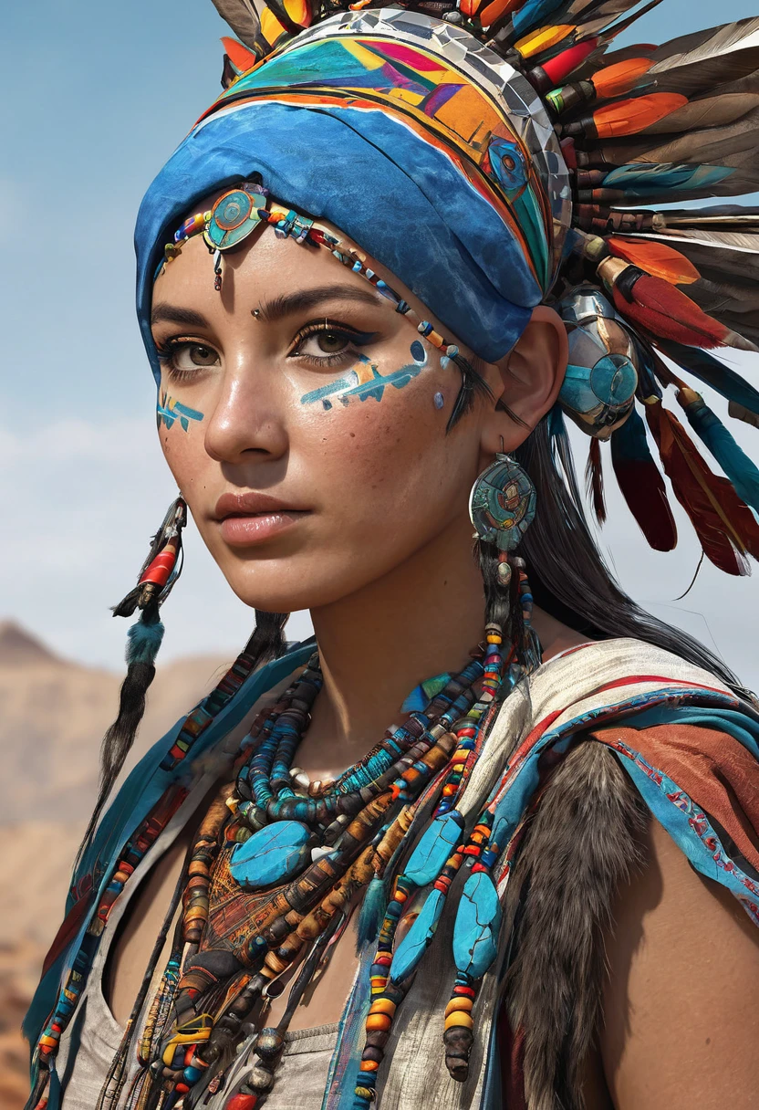I want you to create a character. She is a young 25-year-old woman with the typical characteristics of the Apache people. Her long, straight black hair frames a face with tanned skin, common among her people. His light blue eyes contrast with the color of his skin, creating a penetrating and expressive look. She wears traditional clothing from her tribe, made from animal skin, and her face is painted black as part of a war ritual. she is a warrior