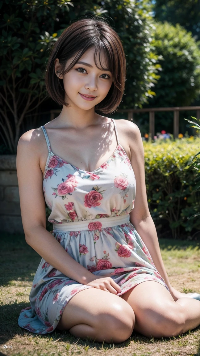 highest quality, figure, Ultra-detailed, finely, High resolution, 8K Wallpaper, 完璧なダイナミックな構figure, ((Sexy pose)), Beautiful Skin, (Big Eyes), 20 year old beauty, Natural color lip, Mid chest, smile, Highly detailed face and skin texture, Detailed eyes, Double eyelid,leaking teeth and laughing, close-up, Short black hair, (Floral Dress:1.2), garden