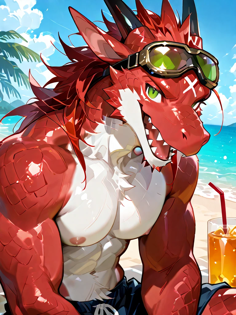 hi res,(dragon, scalie, wingless dragon), anthro,4 fingers,red eyes,horn, blurred background, life ring, lifeguard, male, muscular, swimwear, muscular anthro, muscular male,nipples, tail, outside, palm tree, plant, red body,red scales,scales, sea, solo, summer, (swim ring:1.2), tree, (water), detailed background,by bogexboog,by zixiong,by milkytiger1145,by takemoto arashi, lying on water, open smile, nude
