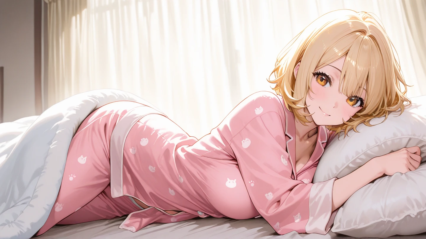 an adult woman, Blonde, blue eyes, pink pajamas, in his bed about to sleep, with eyes closed and crying, it's night