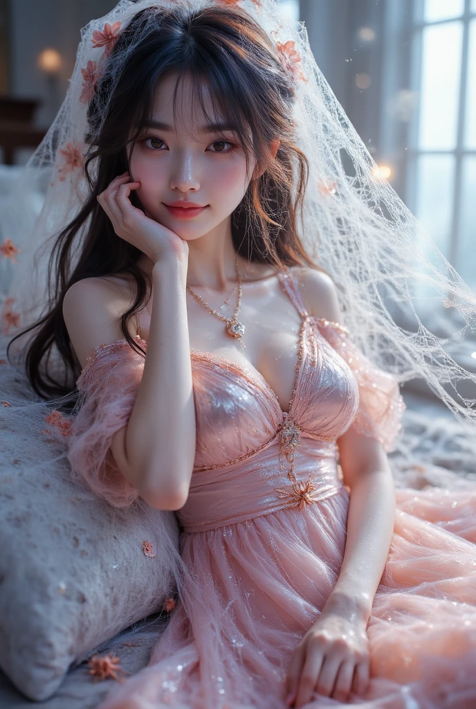 ((gufeng, bare shoulders)),(masterpiece, best quality:1.2), 1girl, solo, In the depths of Wonderland,The moonlight falls like water,foggy room,The figure of the heroine is vaguely visible,Just like the fairy in the painting,Slender sexy legs,Very nice legs,Leaking sexy legs,Big breasts,美丽而又带着一丝mystery的色彩。Her face is beautiful and delicate,Like finely carved jade,Showing otherworldly beauty。The eyebrows are picturesque,The waves in my eyes are like twinkling stars,Show the light of perseverance and wisdom。The bridge of the nose is straight,Lip color like cherry,The slightly raised corners of the mouth reveal confidence and calmness。Her face is well defined,The skin is as fair as jade,Reveals a healthy glow,Just like a fairy, she never eats fireworks in the world。Her makeup is light and delicate,Not too much embellishment,But enough to show her temperament and charm。Light-colored foundation brings out the transparency of the skin,A light eyebrow pencil outlines her perfect eyebrow shape,Eye makeup is eye shadow and eyeliner,Make her eyes brighter and more energetic。嘴唇涂上grace的口红,Adds a bit of charm and sophistication。她的衣服grace别致,Clothes flutter,It seems like it will be blown up by the wind at any time,drifting into the distance。既不失grace,Also showed her extraordinary skills。Rocking with her movements。Her hair is tied back casually,Secure it with a hosta,A few strands of hair are fluttering gently in the wind,Adds a bit of softness。Her figure is looming in the fairyland,宛如一道Big breasts美丽的风景线,attracted everyone's attention。She seems to be a fairy in wonderland,Big breasts美丽、grace、mystery、and full of power。