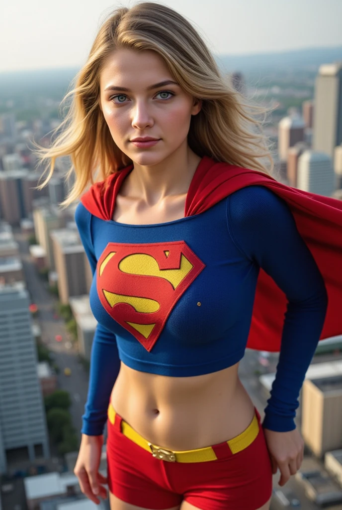 a beautiful woman, blonde hair, blue eyes, long hair, pretentious smile, superheroine outfit, city office setting, best quality, 4k, 8k, highres, masterpiece:1.2, ultra-detailed, realistic, photorealistic, photo-realistic:1.37, HDR, UHD, studio lighting, ultra-fine painting, sharp focus, physically-based rendering, extreme detail description, professional, vivid colors, bokeh, portraits, concept artists