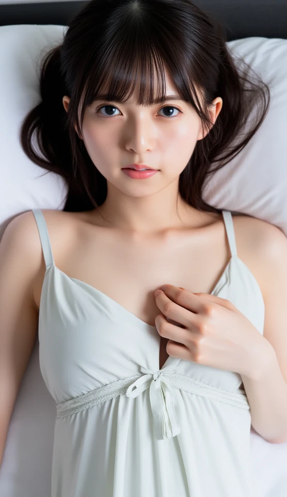 ((lying:1.5)), ((lying:1.5)), ((lying:1.5)), ((lying:1.5)), ((overhead shot:1.5)), ((overhead shot:1.5)), ((overhead shot:1.5)), ((Supine Position:1.5)), ((Photographed from directly above:1.5)), ((take a photo from directly above:1.5)), ((From above:1.5)), ((Photographed from directly above:1.5)), ((on bed:1.5)), ((on bed:1.5)), ((Hotel Bed:1.5)).
((one woman,1 female)), ((wearing a transparent white blouse:1.5)), ((mini skirt:1.5)).
((beautiful straight black long hair:1.5)), (bangs:1.7), (small natural breasts:1,7), ((flat chest:1.8)).
((looking at viewer:1.5)), ((look into the viewer's eyes:1.5)), ((Looking into the camera:1.5)), ((Viewer's line of sight:1.5)), Elderly face, ((blush:1.5)), strong maternal qualities, Staring at this, Face is close, Staring at this, Ultra-fine, Beautiful Hair, Transparent Photo, Have a look at this, Perfect Fingers, Perfect Face, Detailed Background, Fair skin, Translucent white skin, Perfect Fingers, Detailed Background, Highest quality, very High resolution, Perfect Anatomy, High resolution, RAW color photos, Professional photography, Very delicate, Very detailed, Finely detailed, Large file size, Best image quality, 16K, Award-winning works, Tabletop, Professional Photography,