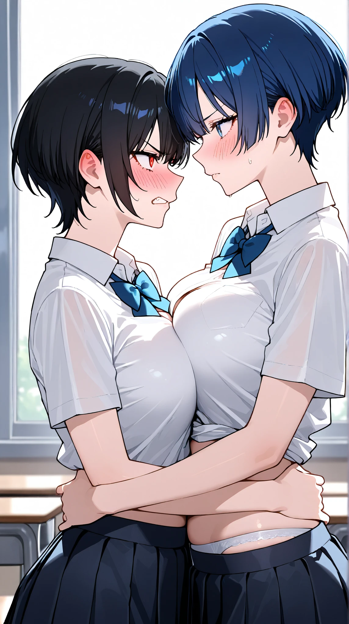 score_9, score_8_up, score_7_up, score_6_up, source_anime, BREAK, masterpiece, Best Quality, shuten_douji_\(fate\), horns, blunt bangs, 1 tall teacher woman looking down at 1 boy, tall girl, mature girl, milf, red lipstick, looking down, piercing gaze, huge breast, student, cleavage, short skirt, wide hips, thick thighs, black garter belt, stockings, pencil skirt, massive breasts, boy is looking up and has a large erection bulge, student, teacher, seductive smile, school background, FDOM_AWALL,R_dom_hand_wall,13, R_dom_hand_face,10, domleg_up,5, big ass, wide hips, cock, testicles, heavy balls, peeing, euphoria, suck tits, lactation, breast_press, heterosexual, massive ass, massive ,exposed_pussy, saliva_trail, excessive_Genital_fluids, cum_trail, testicles, blush,consensual sex, male_penetrating_female, rought sex, hetero, human male, light brown male, hug, kiss,standing sex.
