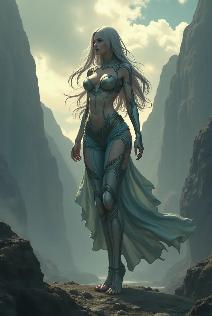 Snake woman human appearance,Sexy and fleshy,Gray hair, Standing in full posture without clothes,Limb normal imitation of a person ,high high quality,tmasterpiece,realisticlying