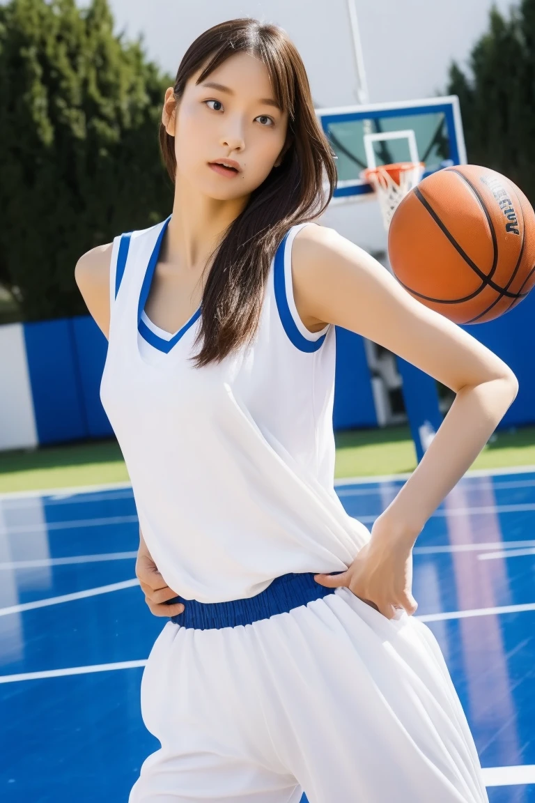 (8k, Best Quality, Masterpiece: 1.2), (Realistic, Photorealistic: 1.37), Super Detailed, Best Quality, Super High Resolution, Professional Lighting, Photon Mapping, Radiosity, Physically Based Rendering, Cinematic Lighting , basketball court, depth of field, focus, sun rays, good composition, (bokeh: 1.2), 1 girl, (whole body), (closed mouth), beautiful eyes, pose, constriction, basketball uniform, black hair , messy hair, long hair blowing in the wind,(ulzzang-6500:1.2) mix4, hiqcgbody