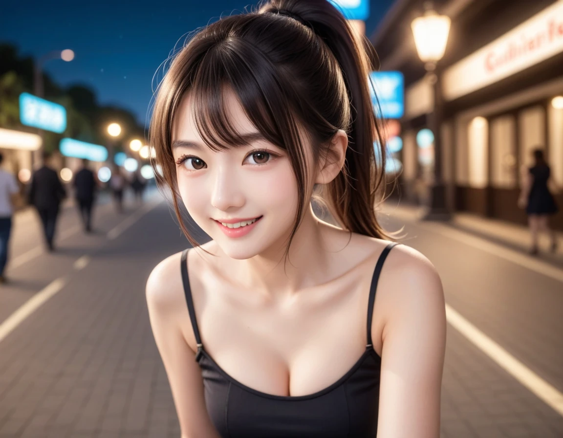 1girll,street Tokyo,the night,city scenery,City lights,Empty roads ,The upper part of the body,closeup cleavage,ssmile,,(8K,RAW photos,Best picture quality,