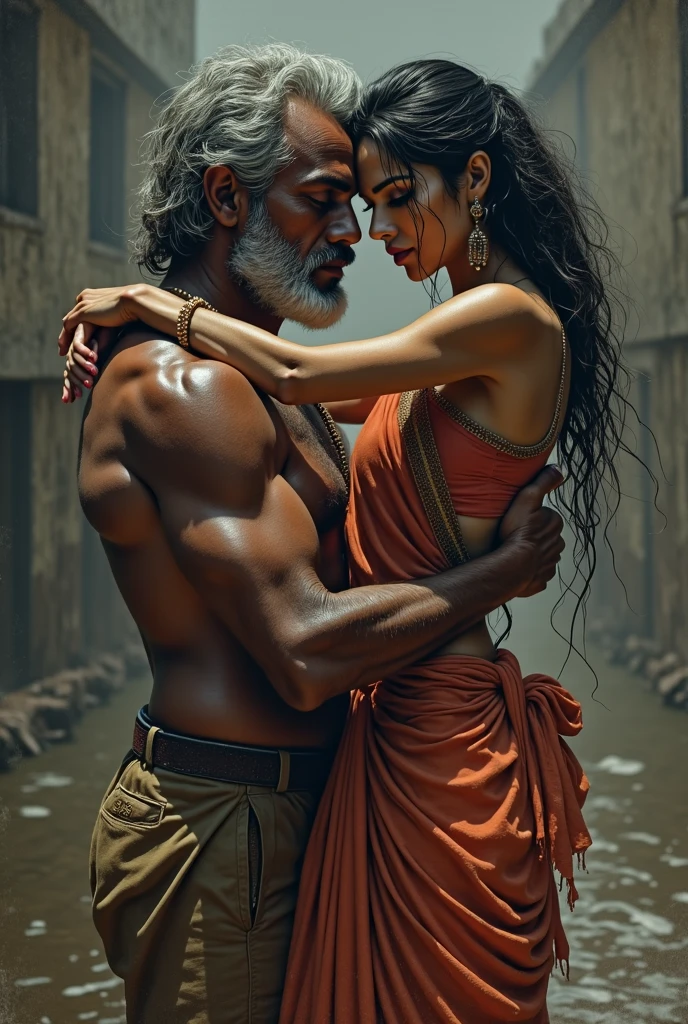 Muscular shirtless old man kissing sexy hot dark skinned indian model girl,girl in sexy tight hot yellow silk saree ,hot body,girl kissing old man very tightly,old man and girl having sex , kiss, in the bedroom ,Add more detail